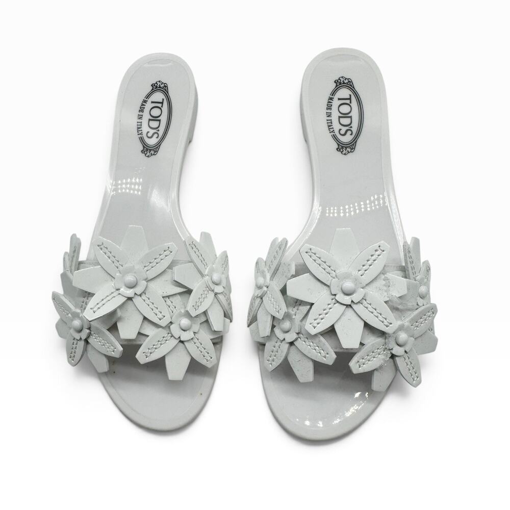 Tod’s Floral Leather Slides White Flats Size 35 US 5